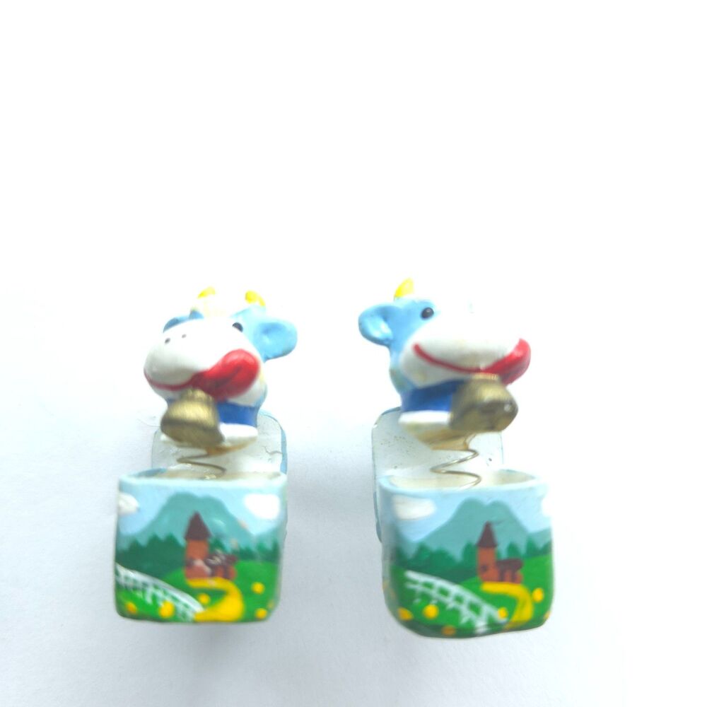 Vintage Hand Painted Cow Bobble Earrings Miniature Farm Spring Pierced 1"